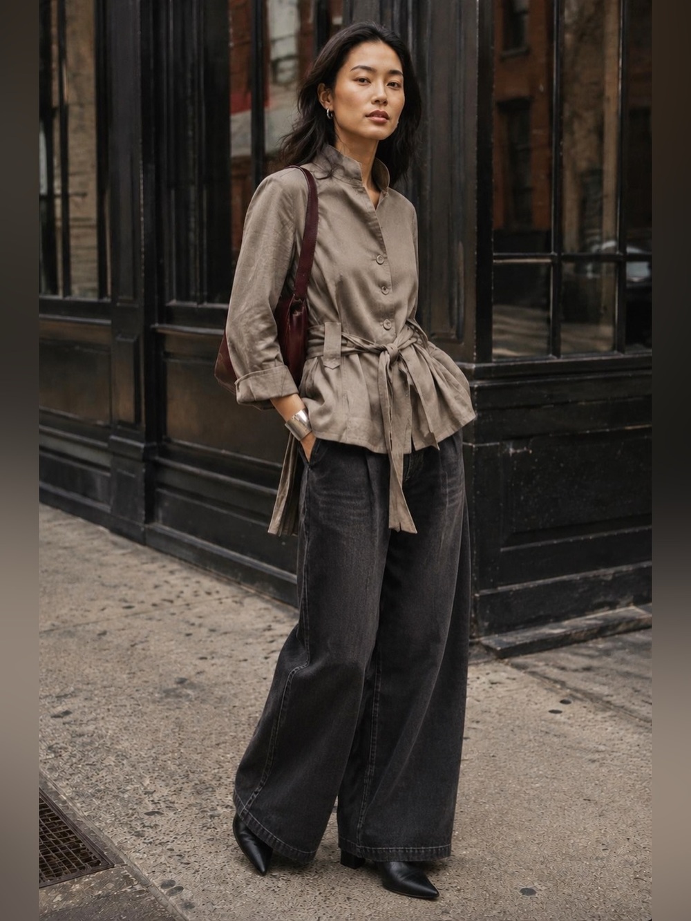Korean Designer Taupe Belted Pleated Peplum Jacket Artwear
